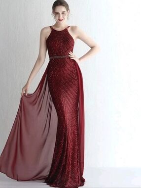 Burgundy,  O Neck, Sleeveless,  Detachable Skirt,  Sequined Mermaid Gown